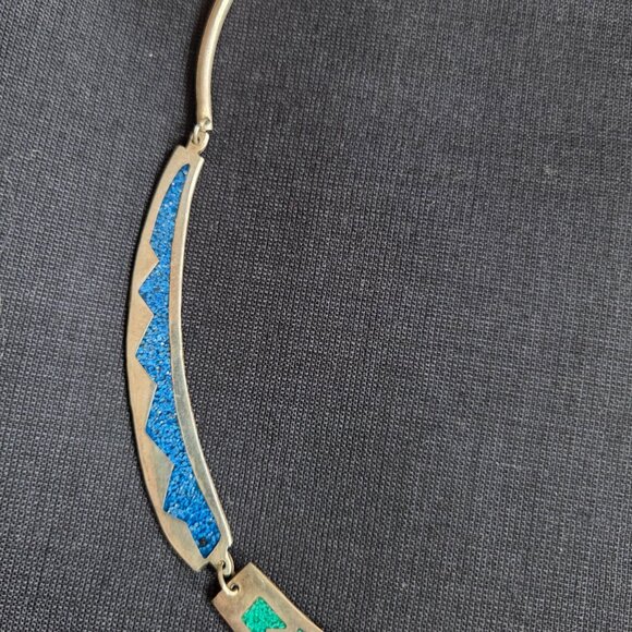 Vintage Aztec style bib choker necklace pendant Alpaca silver Mexico. - Picture 4 of 9